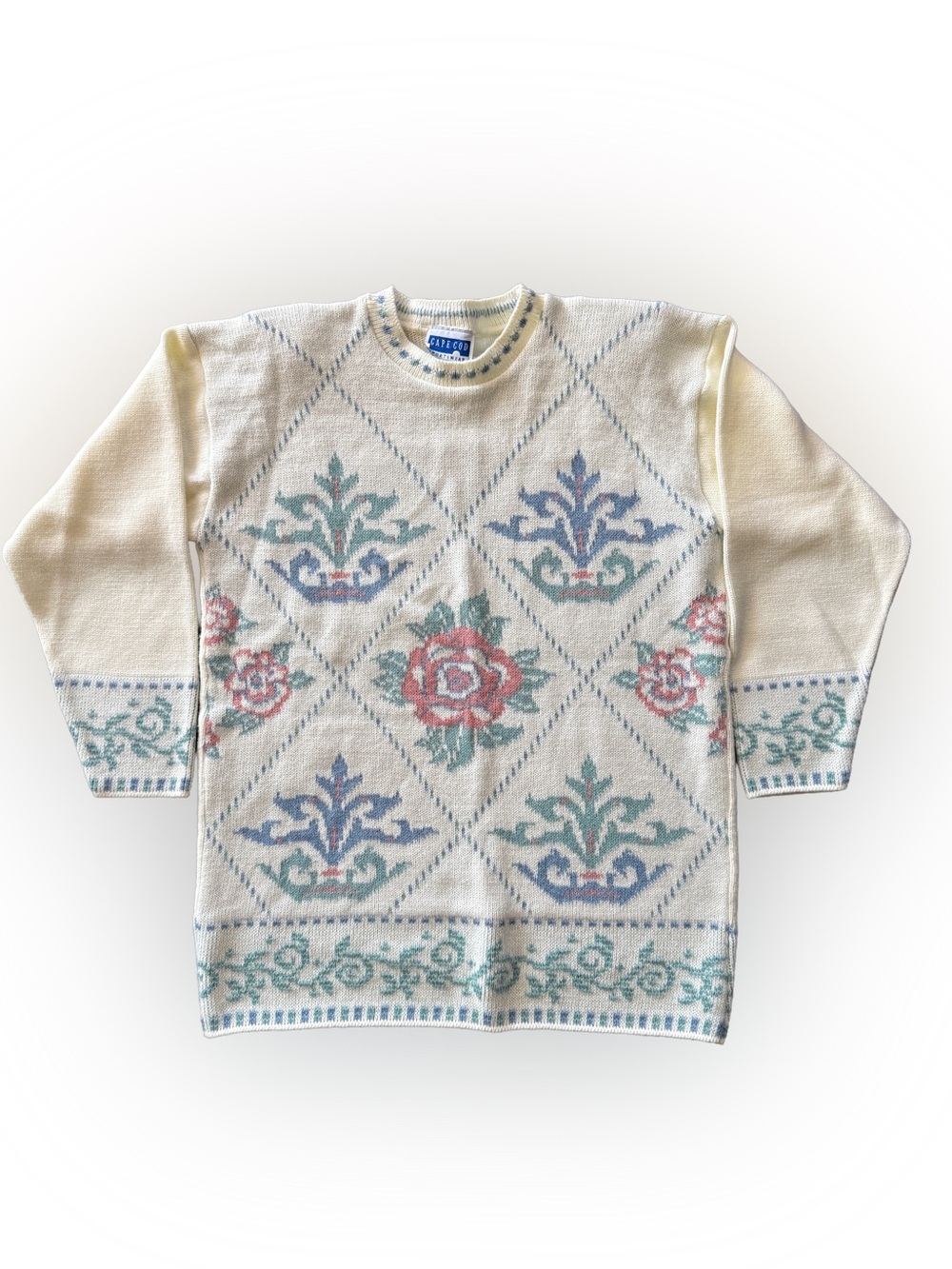 Vintage 1980s Cape Cod Sportswear Floral Scroll Argyle Long Sweater Pastels M